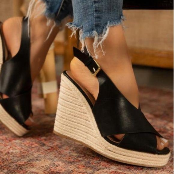 Shoes - Slingback Espadrille Wedges in Black